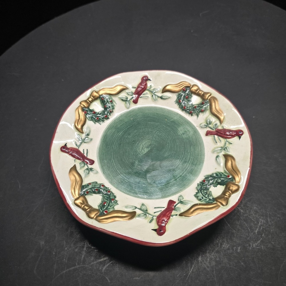 PACO Christmas Cardinal Wreath Candle Holder Plate Ceramic Footed Holiday‎ Decor